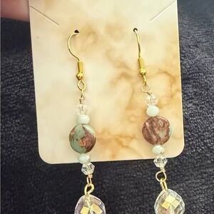 Earthy Jasper Green and Golden tone drop earrings -Gold plated